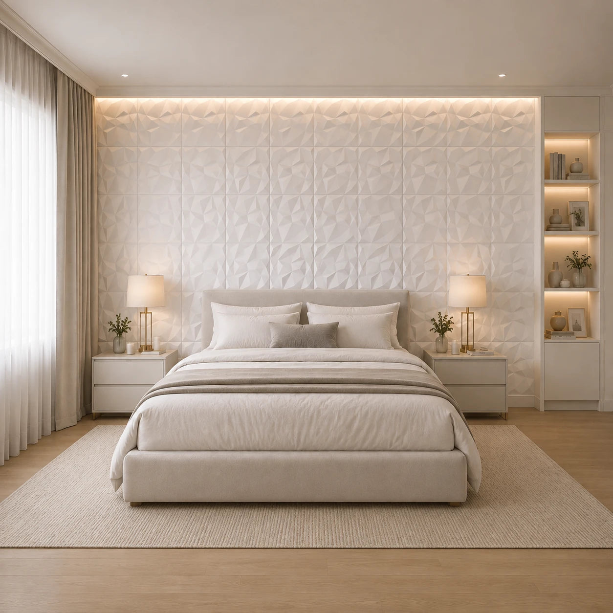 Front view of a symmetrical minimalist bedroom with a centered beige bed, matching bedside tables, warm lamps, and evenly arranged white 50 × 50 cm geometric wall panels