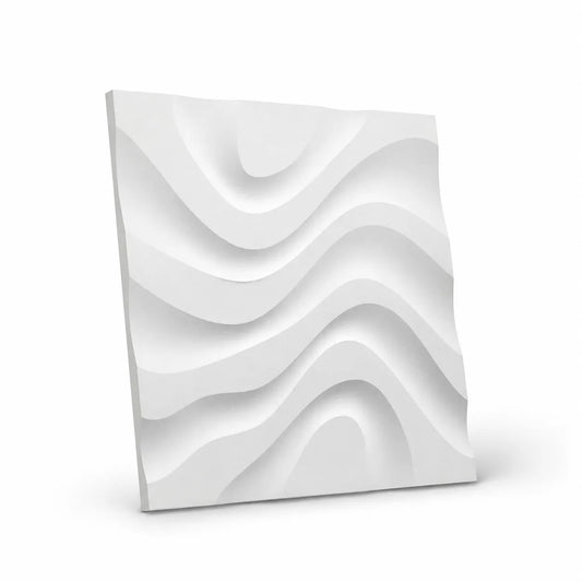 White Dry Stream 50 × 50 cm gypsum 3D wall panel with a flowing layered wave pattern