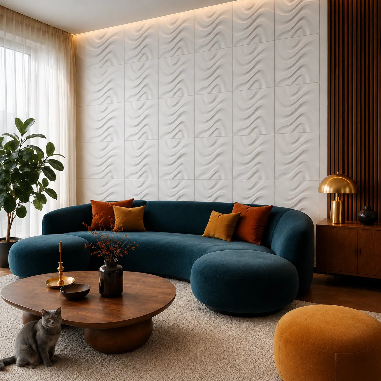 White Dry Stream gypsum 3D wall panels behind a curved blue sofa in a colourful modern living room