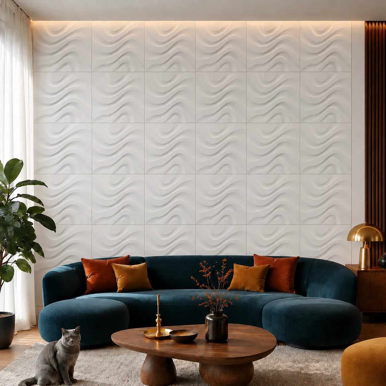 Front view of white Dry Stream gypsum 3D wall panels in a modern living room with a grey cat