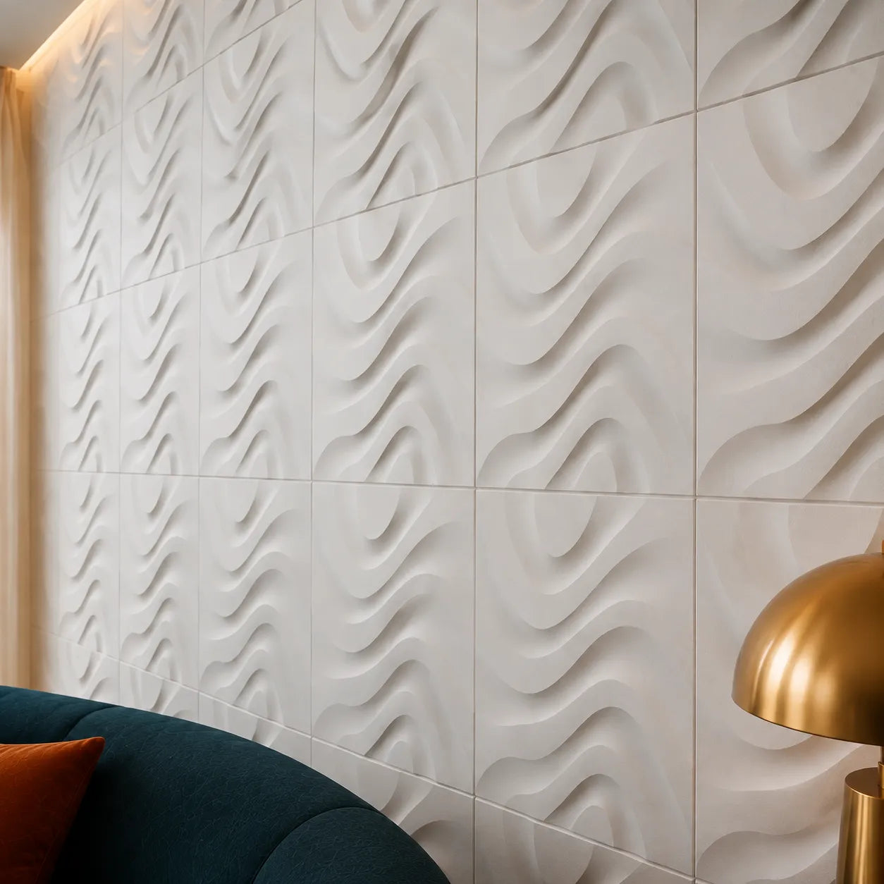 Close-up of white Dry Stream gypsum 3D wall panels showing the sculpted wave relief and textured finish
