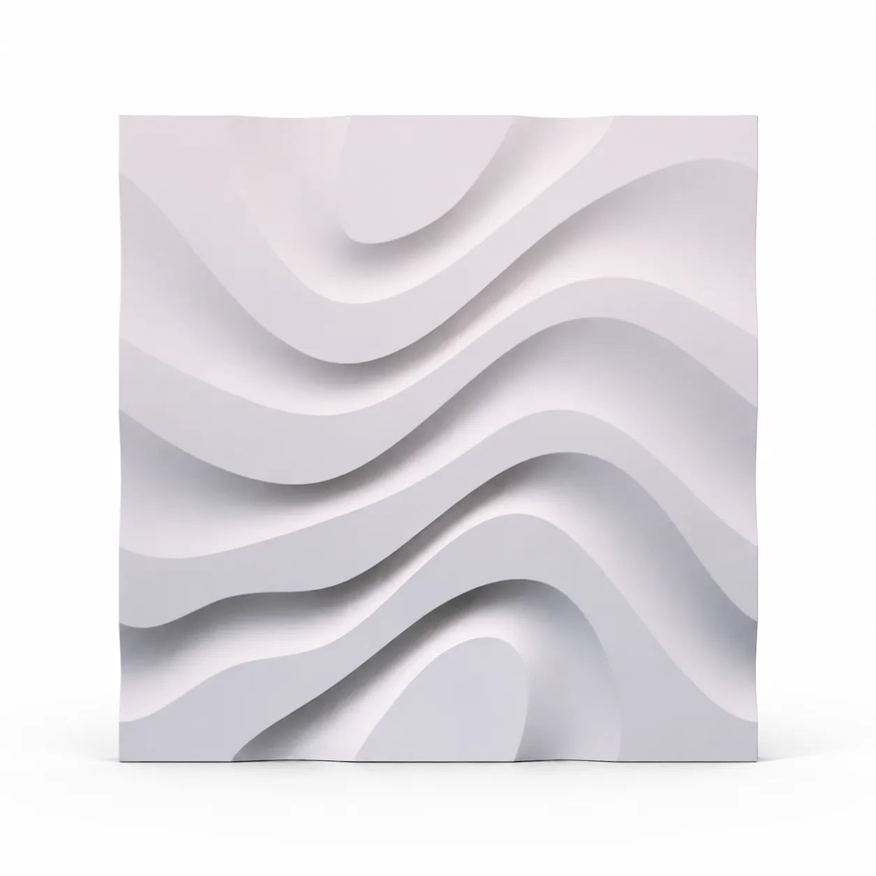 Front view of a white Dry Stream 50 × 50 cm gypsum 3D wall panel with an organic wave design

