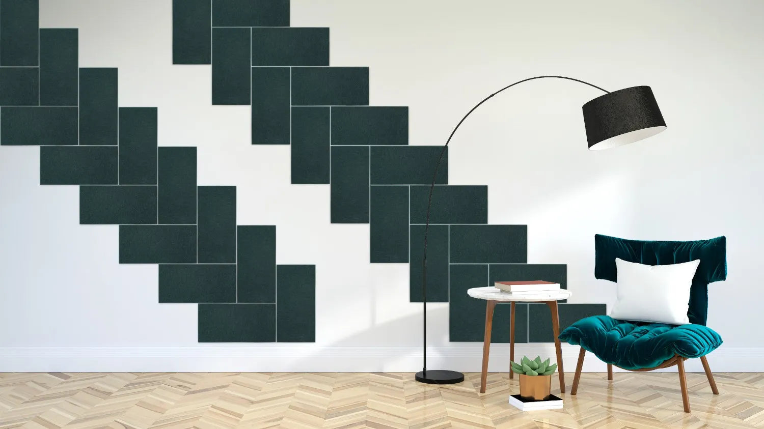 Decorative 3D PET Felt Wall Tiles - RECTANGLE 40x20 in white interior with armchair DecorMania UK