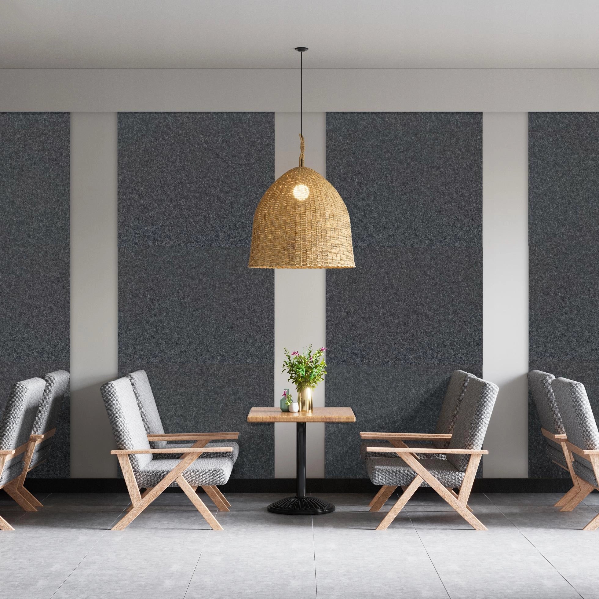 Decorative 3D PET Felt Wall Tiles - RECTANGLE 80x60 in grey interior with dining tables background DecorMania UK