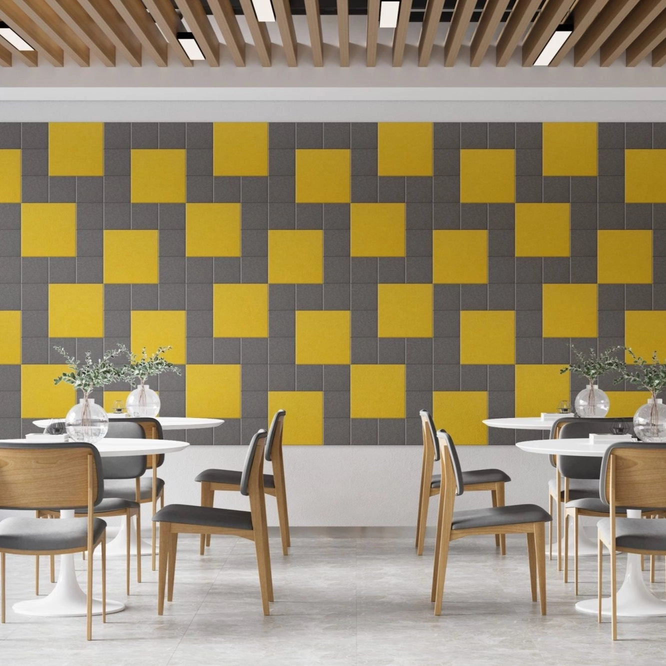 Decorative 3D PET Felt Wall Tiles - SQUARE 20x20 in restaurant interior feature wall DecorMania UK