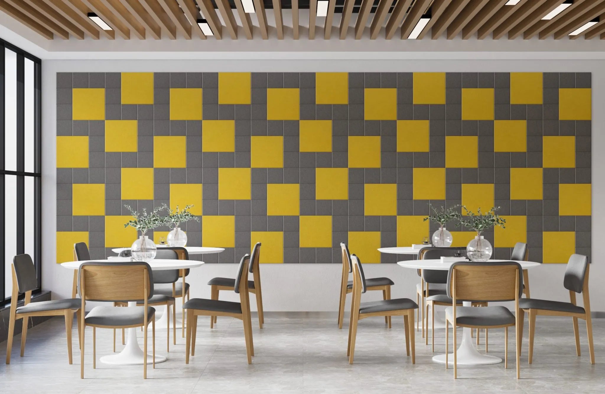 Decorative 3D PET Felt Wall Tiles - SQUARE 20x20 feature wall in restaurant interior DecorMania UK