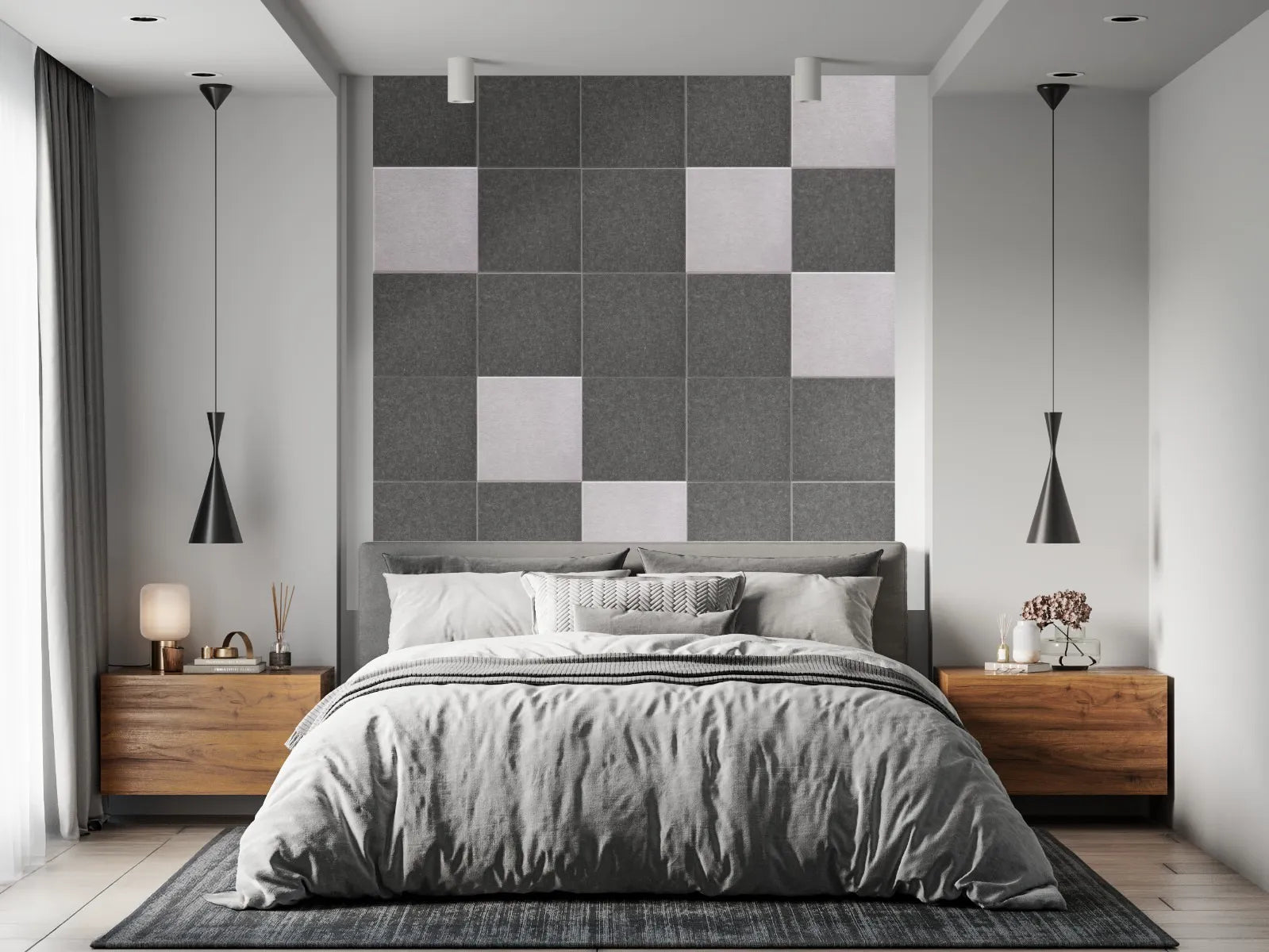 Decorative 3D PET Felt Wall Tiles - SQUARE 40x40 in grey colour bedroom interior DecorMania UK