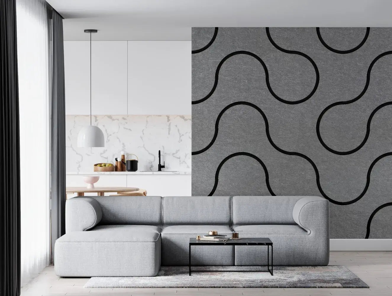 Decorative 3D PET Felt Wall Tiles - SQUARE Deco 40x40 grey feature wall in living room interior DecorMania UK