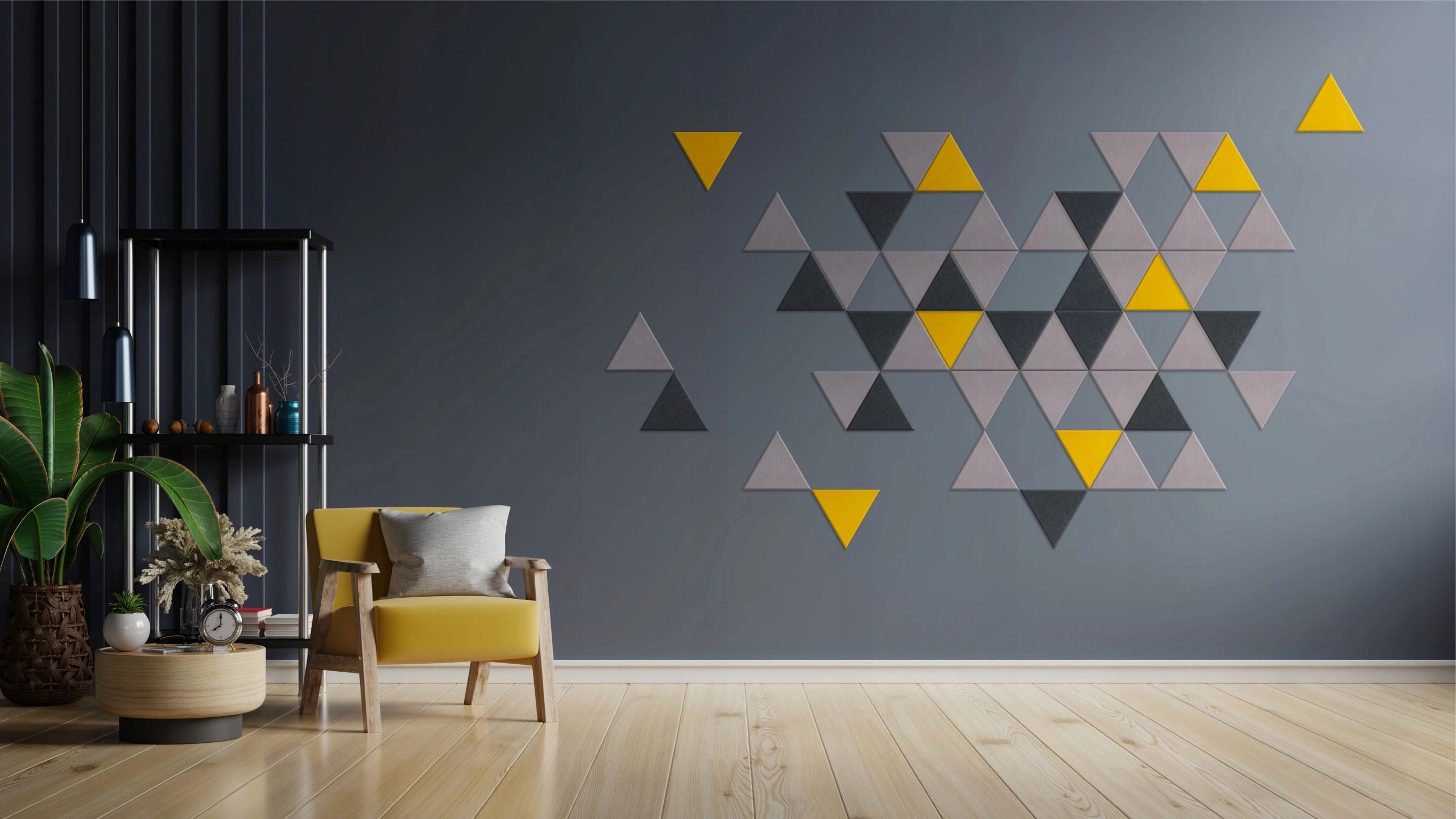 Decorative 3D PET Felt Wall Tiles - Triangle SMALL composinion of panels on dark grey wall DecorMania UK