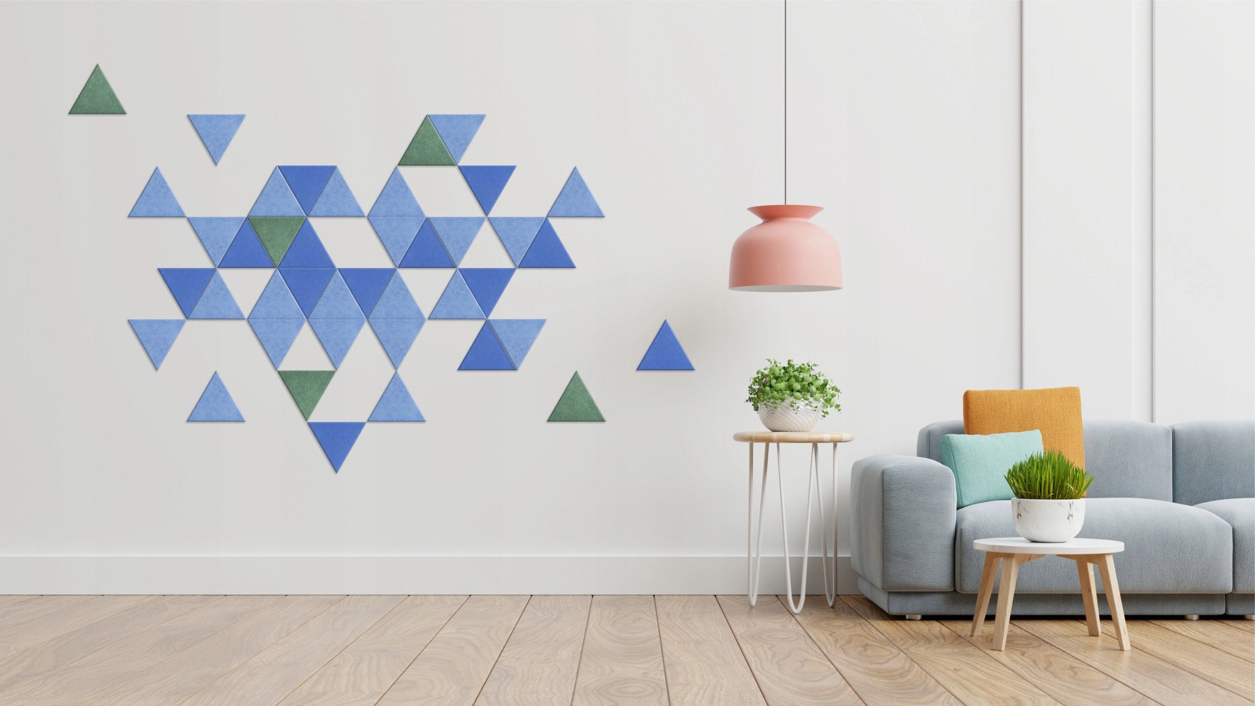 Decorative 3D PET Felt Wall Tiles - Triangle SMALL on white wall DecorMania UK