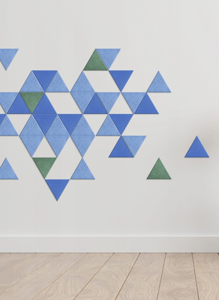 Decorative 3D PET Felt Wall Tiles - Triangle SMALL composition of blue and green panels on white wall DecorMania UK
