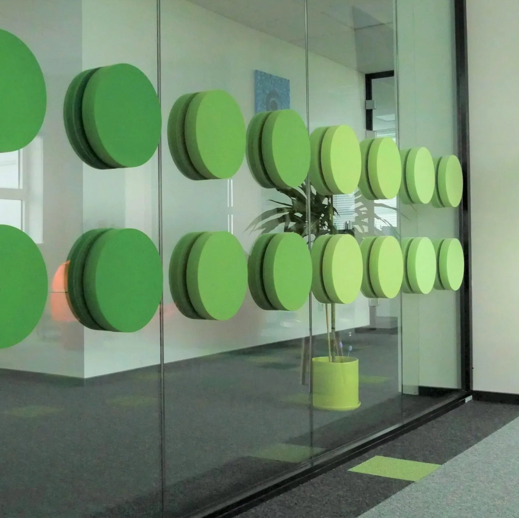 Decorative Glass Wall Panels - Acoustic Dot L green composition in office interior DecorMania UK