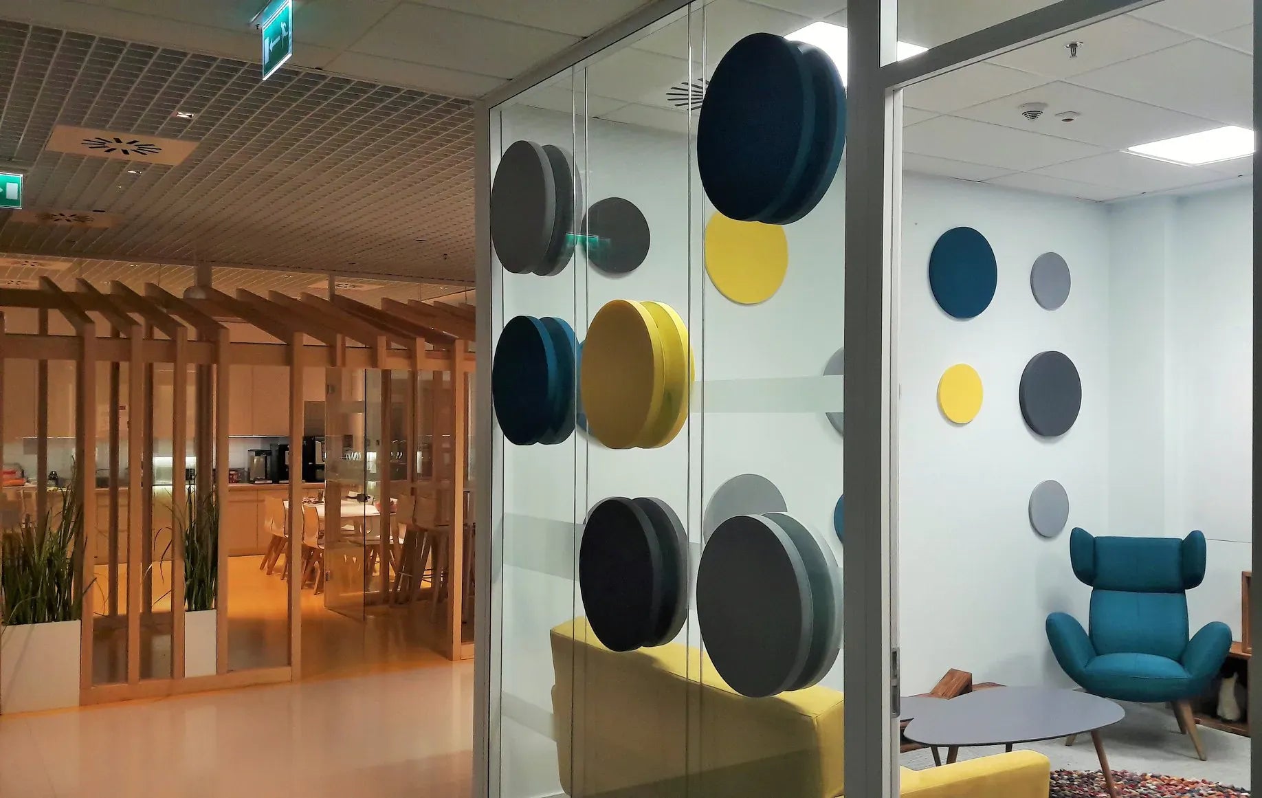 Decorative Glass Wall Panels - Acoustic Dot L blue yellow and grey composition DecorMania UK