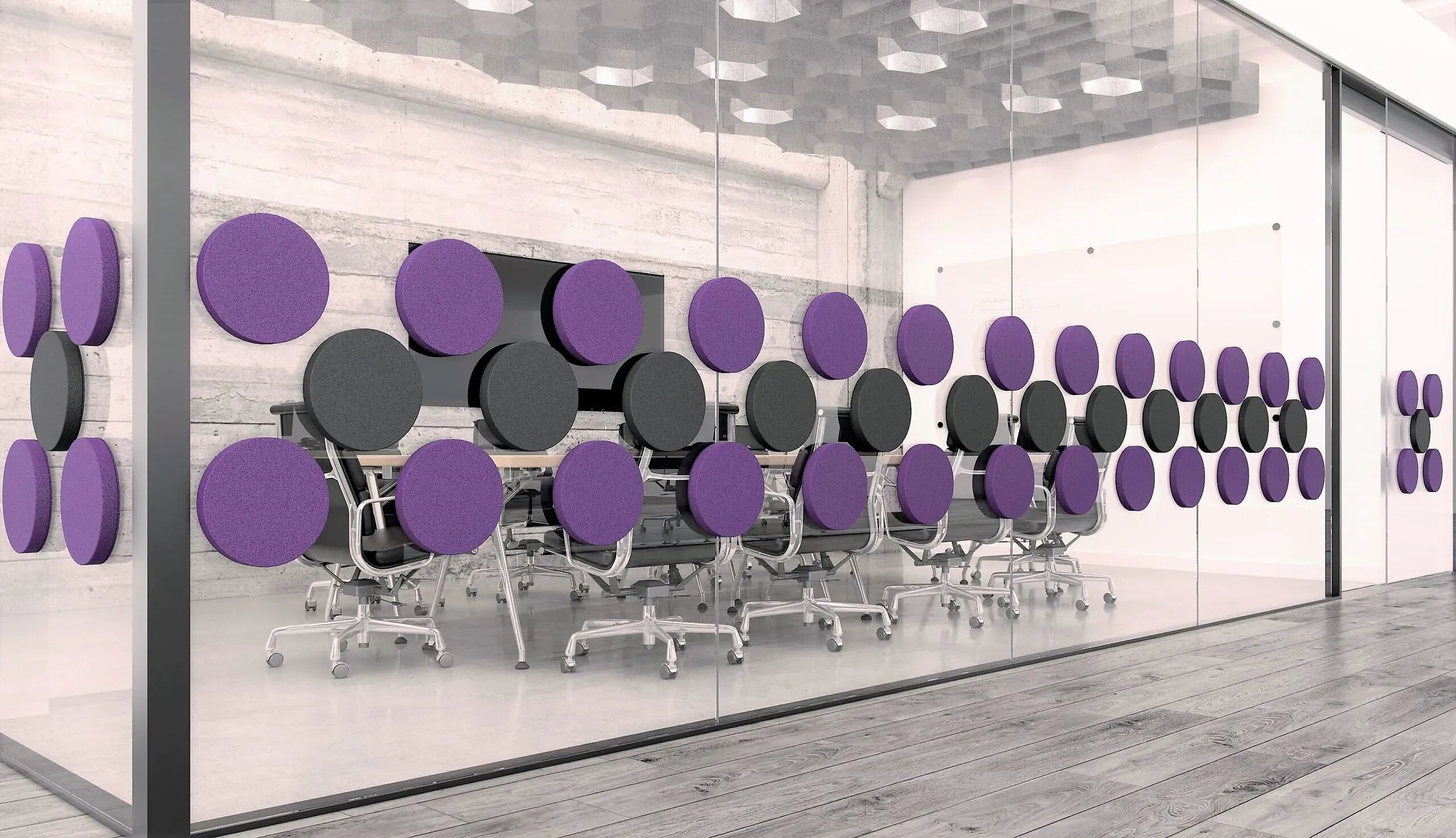 Decorative Glass Wall Panels - Acoustic Dot L purple and black composition DecorMania UK