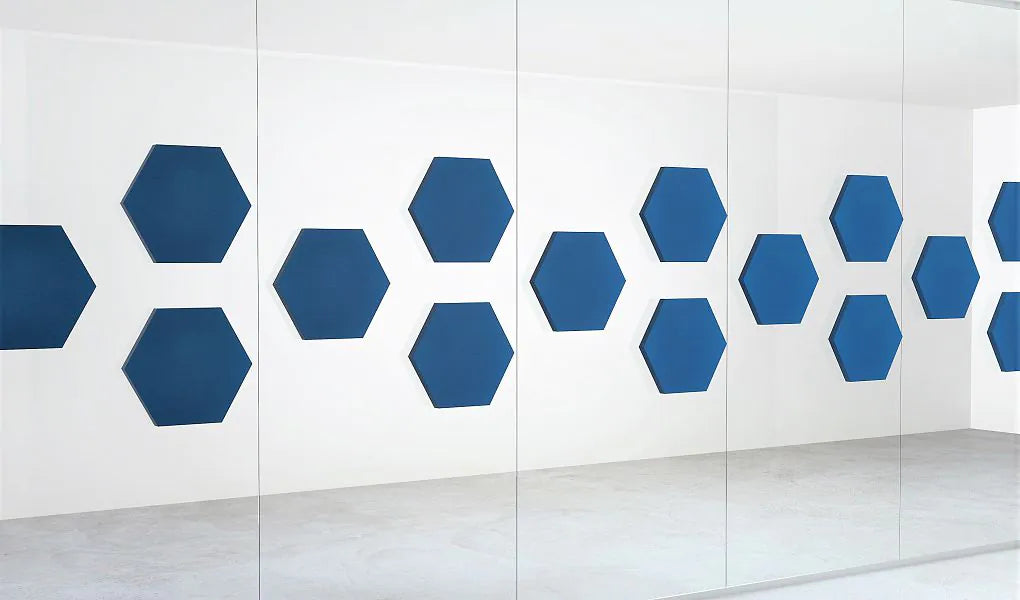 Decorative Glass Wall Panels - Acoustic Hexa L blue composition on white background DecorMania UK