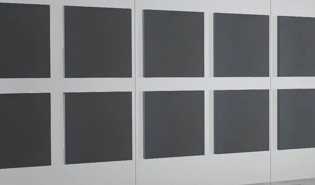 Decorative Glass Wall Panels - Acoustic Pixel L composition on white background DecorMania UK