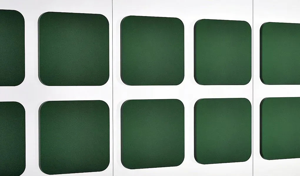 Decorative Glass Wall Panels - Acoustic Tele L green composition on white background DecorMania UK