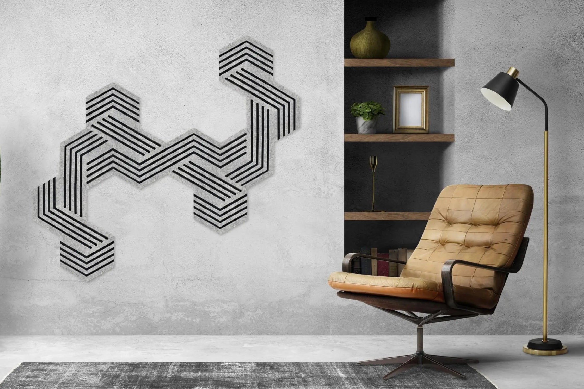 Decorative 3D Felt Wall Tiles DECO1 composition in modern interior Decormania UK