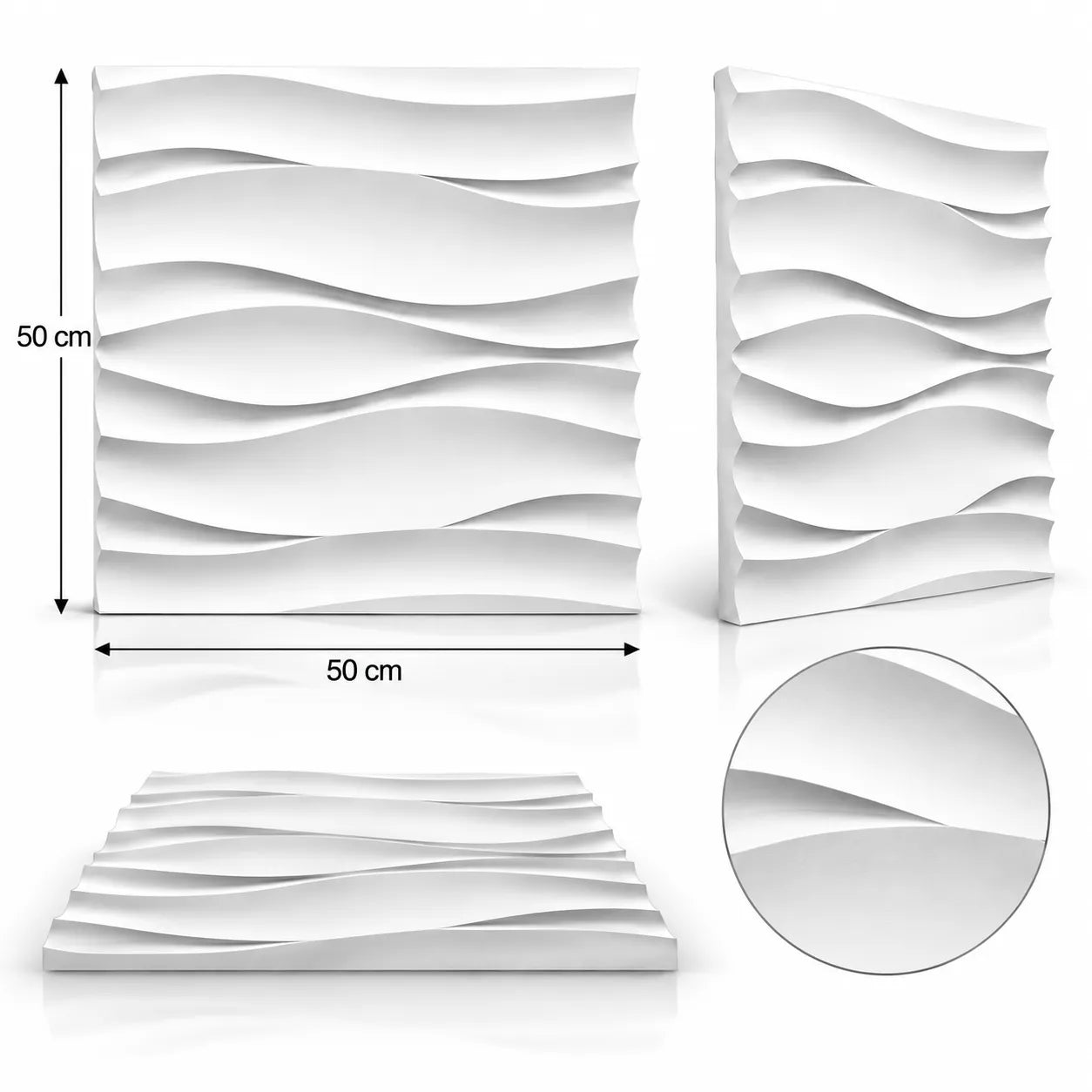 Desert Sand 3D gypsum wall panel shown from several angles, with 50 cm by 50 cm dimensions and a close detail of the relief