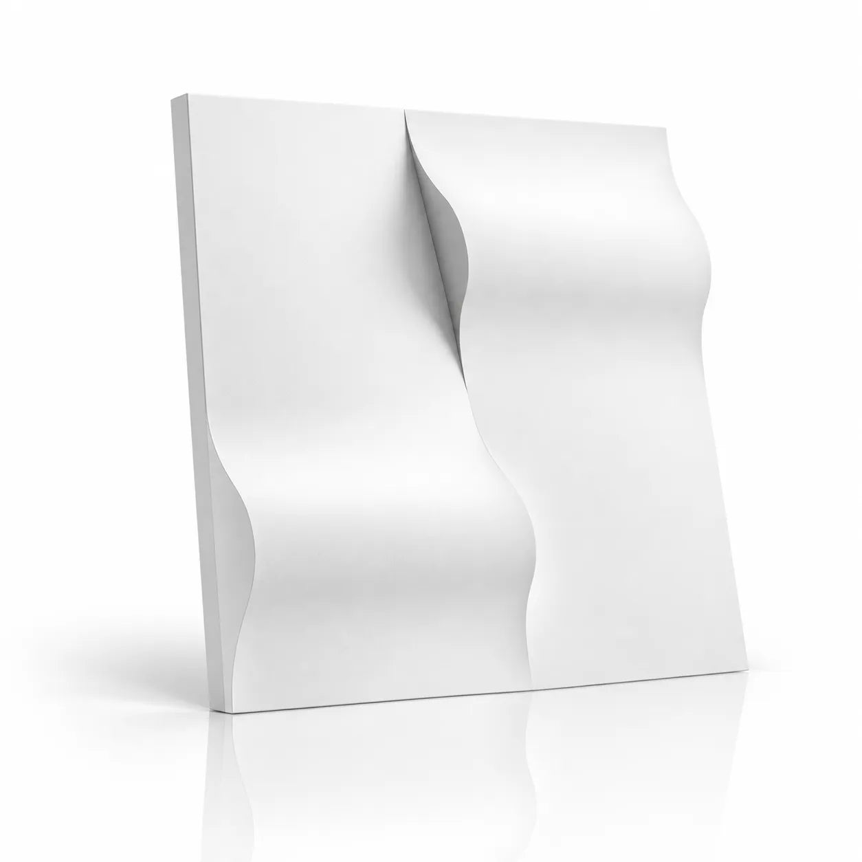 White Drop 3D gypsum wall panel with sculpted wave relief, shown at an angle on a white background