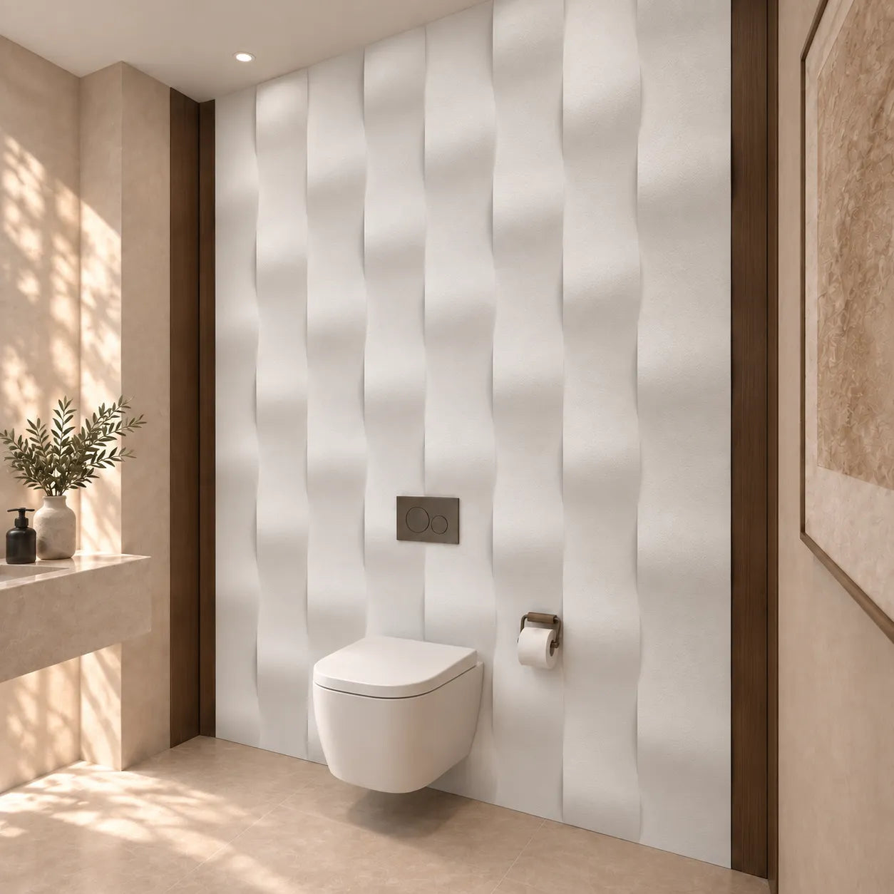 Angled view of white Drop 3D gypsum wall panels behind a floating toilet with bronze fittings
