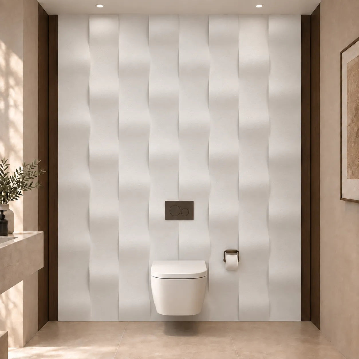 Front view of a modern toilet with white Drop 3D gypsum wall panels framed by dark wood