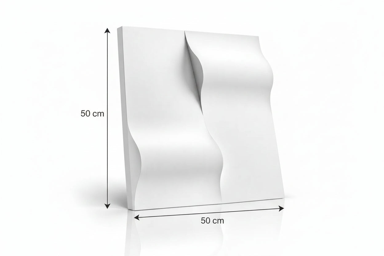 White Drop 3D gypsum wall panel with wave relief and measurements showing 50 cm height and 50 cm width