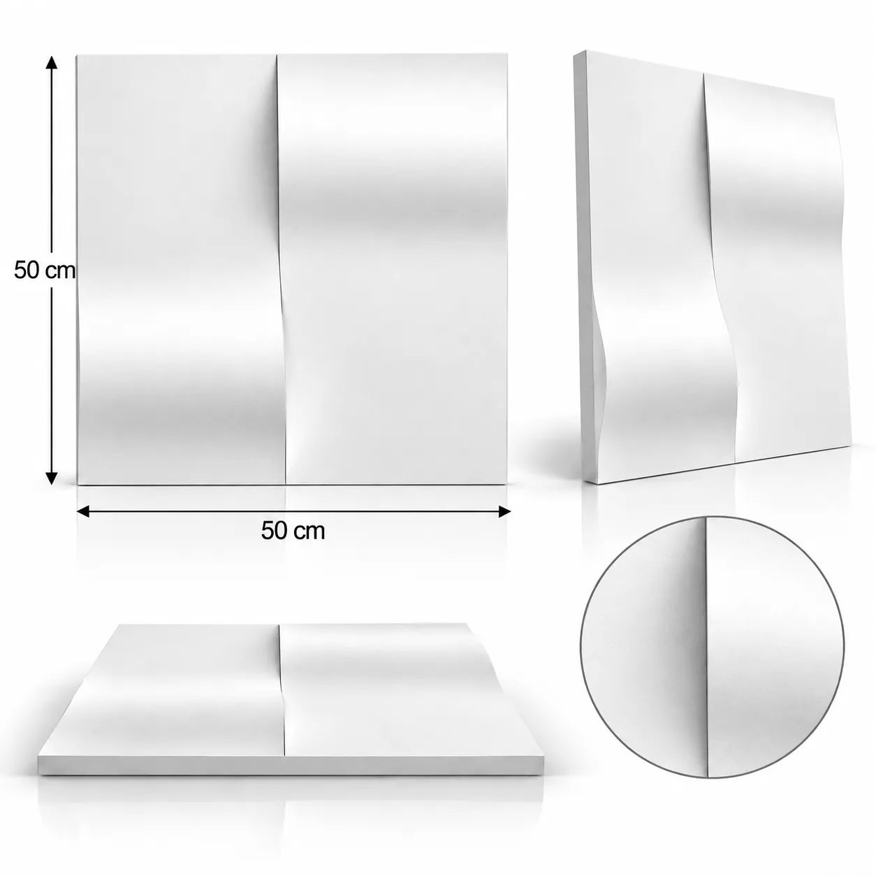 Drop 3D gypsum wall panel shown from several angles, with 50 cm by 50 cm dimensions and a close detail of the relief
