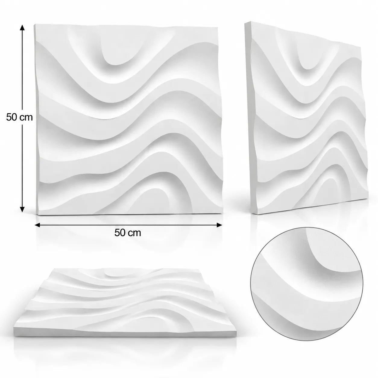 Dry Stream 3D gypsum wall panel shown from several angles, with 50 cm by 50 cm dimensions and a close detail of the relief