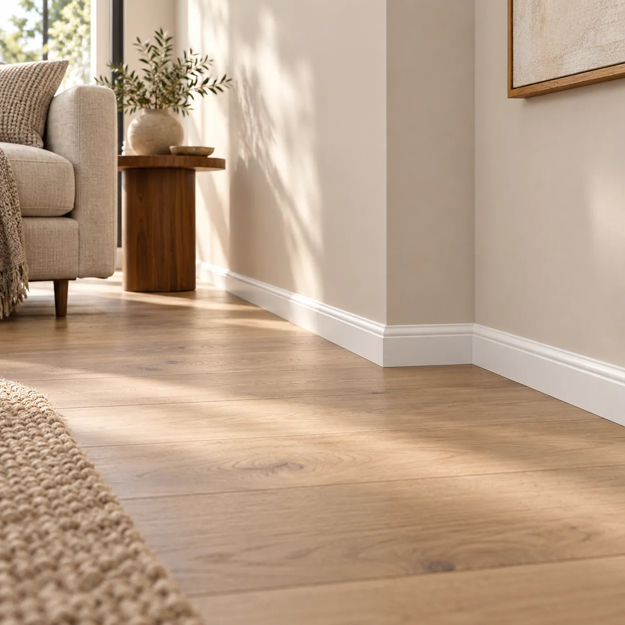 White skirting board installed around an interior corner in a modern living room
