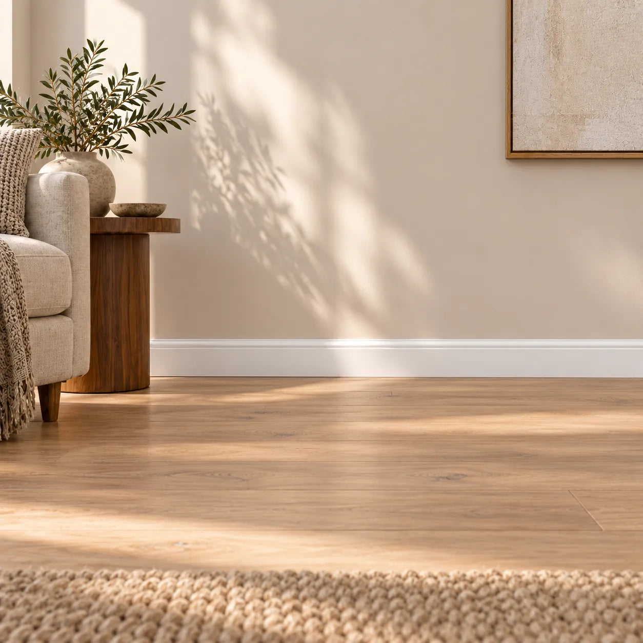 White skirting board in a bright modern living room with wooden flooring
