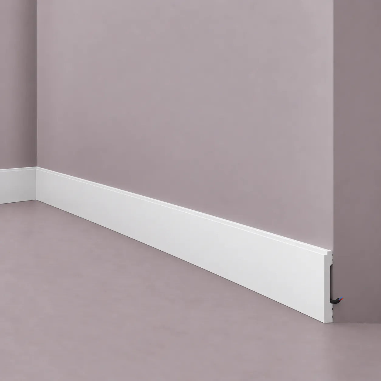White FD1 skirting board with integrated cable management channel