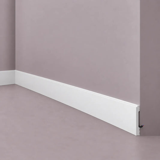 White FD1 skirting board with integrated cable management channel