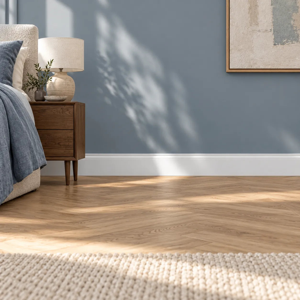White FD1 skirting board in a bright bedroom with blue walls and wooden flooring