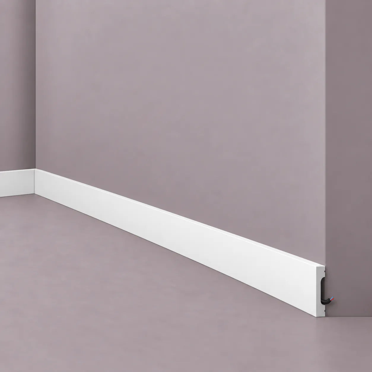 White FD7S WALLSTYL skirting board with integrated cable management channel