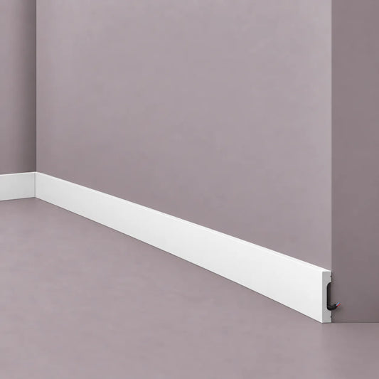 White FD7S WALLSTYL skirting board with integrated cable management channel