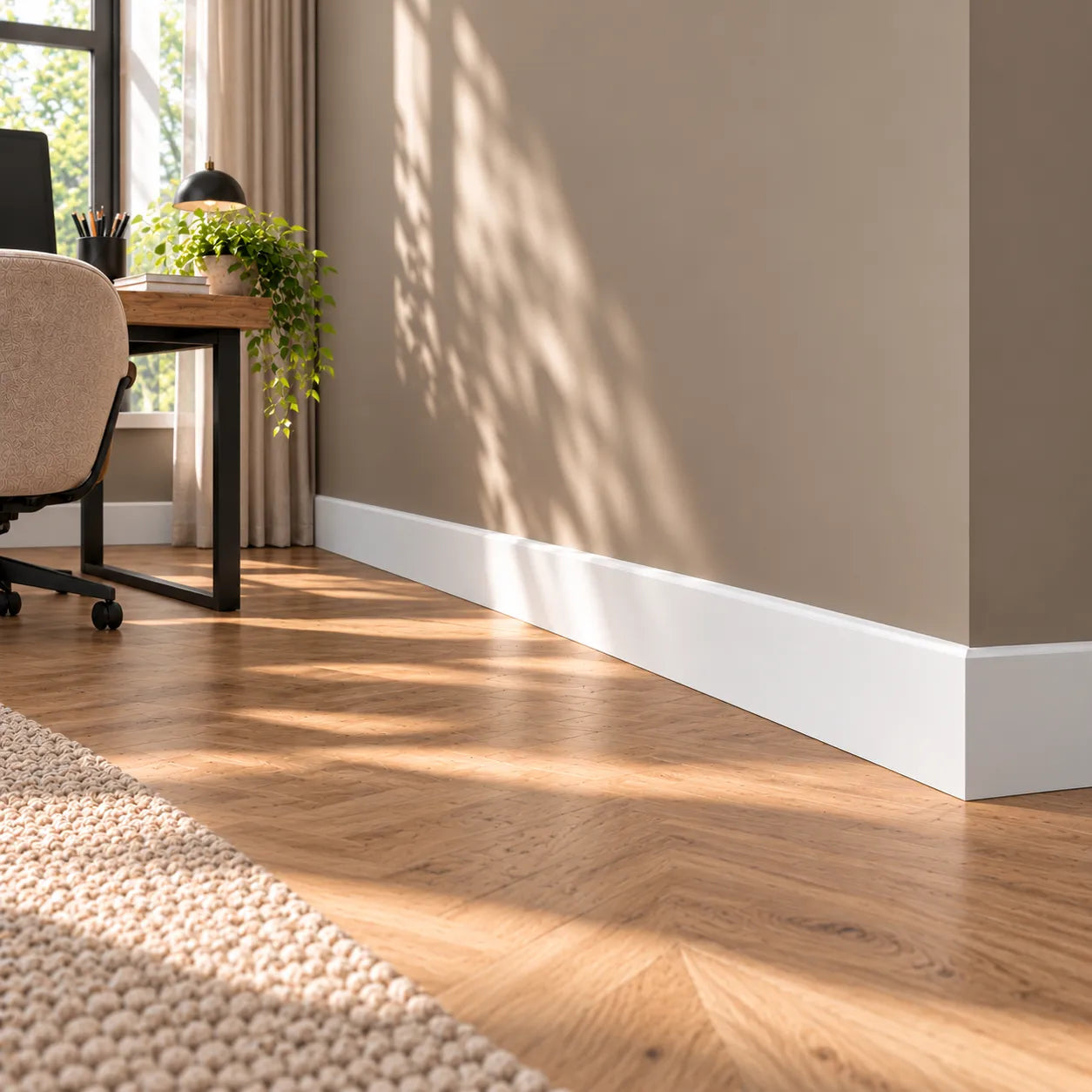 White FD7S WALLSTYL skirting board installed in a modern home office