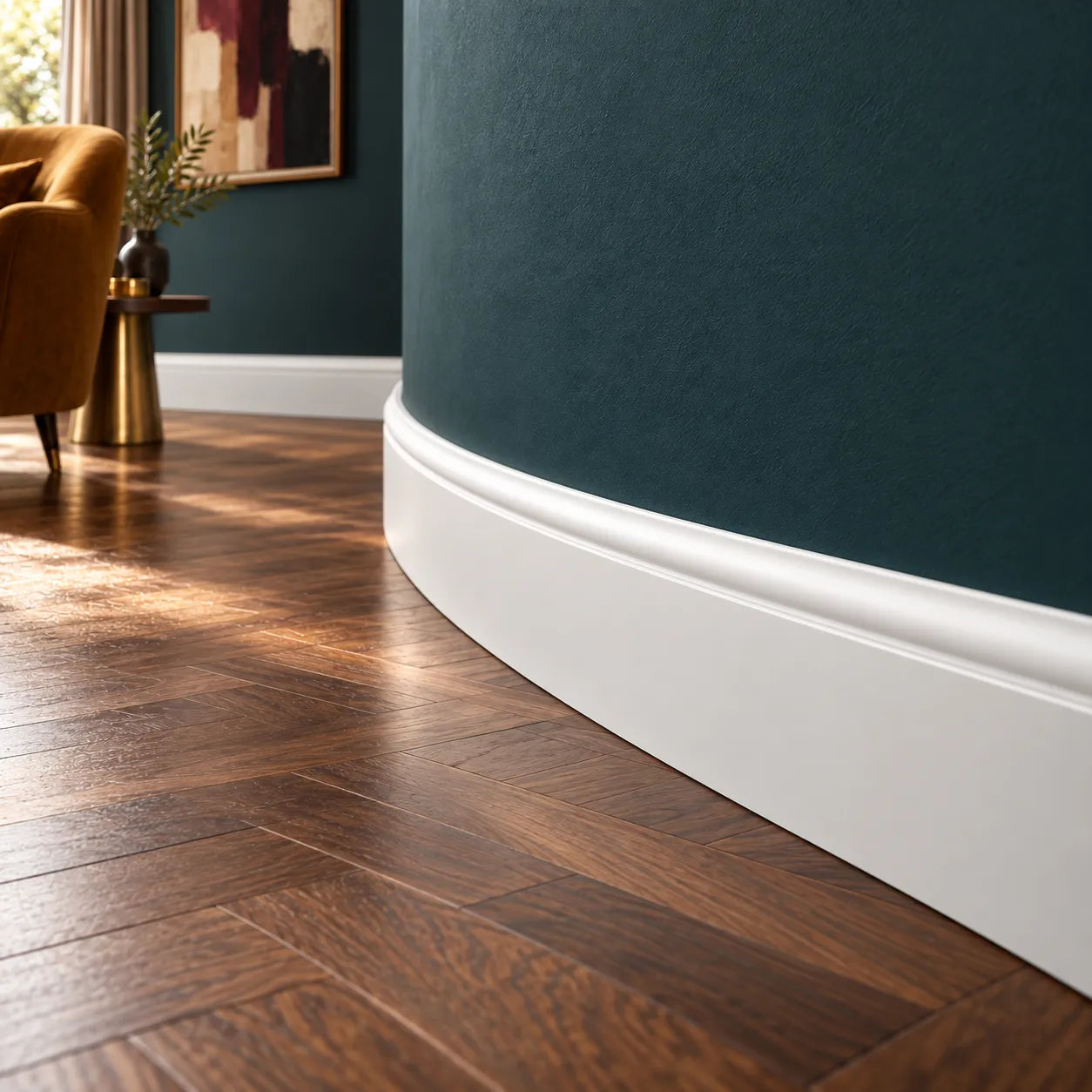 Close-up of FL2 FLEX WALLSTYL skirting board following a curved wall