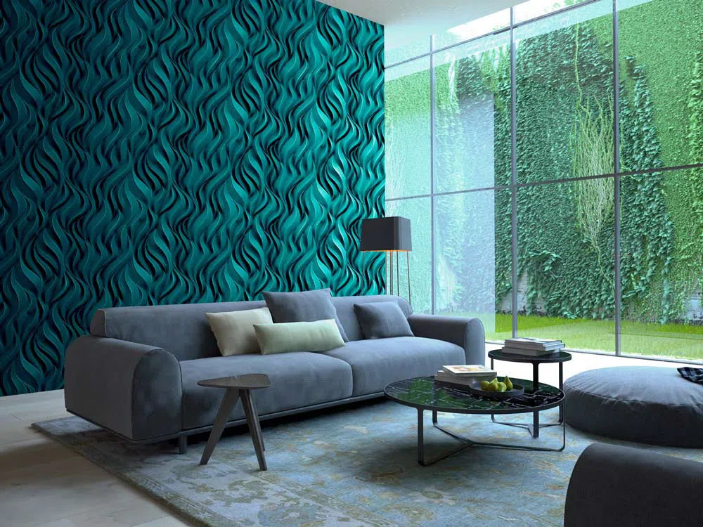 FLAMES 3D Wall Art - Polystyrene Wall Panels in teal interior | DecorMania UK 