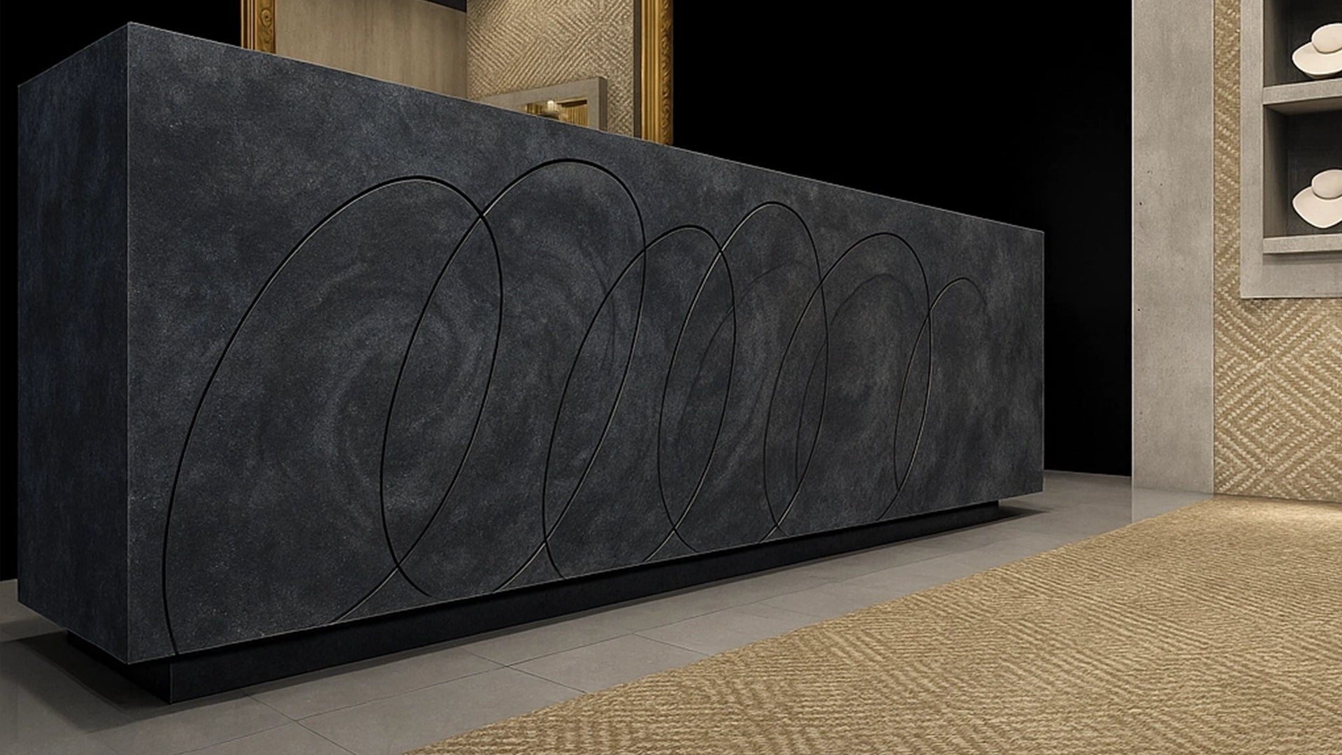 Faux Concrete Decorative Panels in dark colour in reception space Decormania UK
