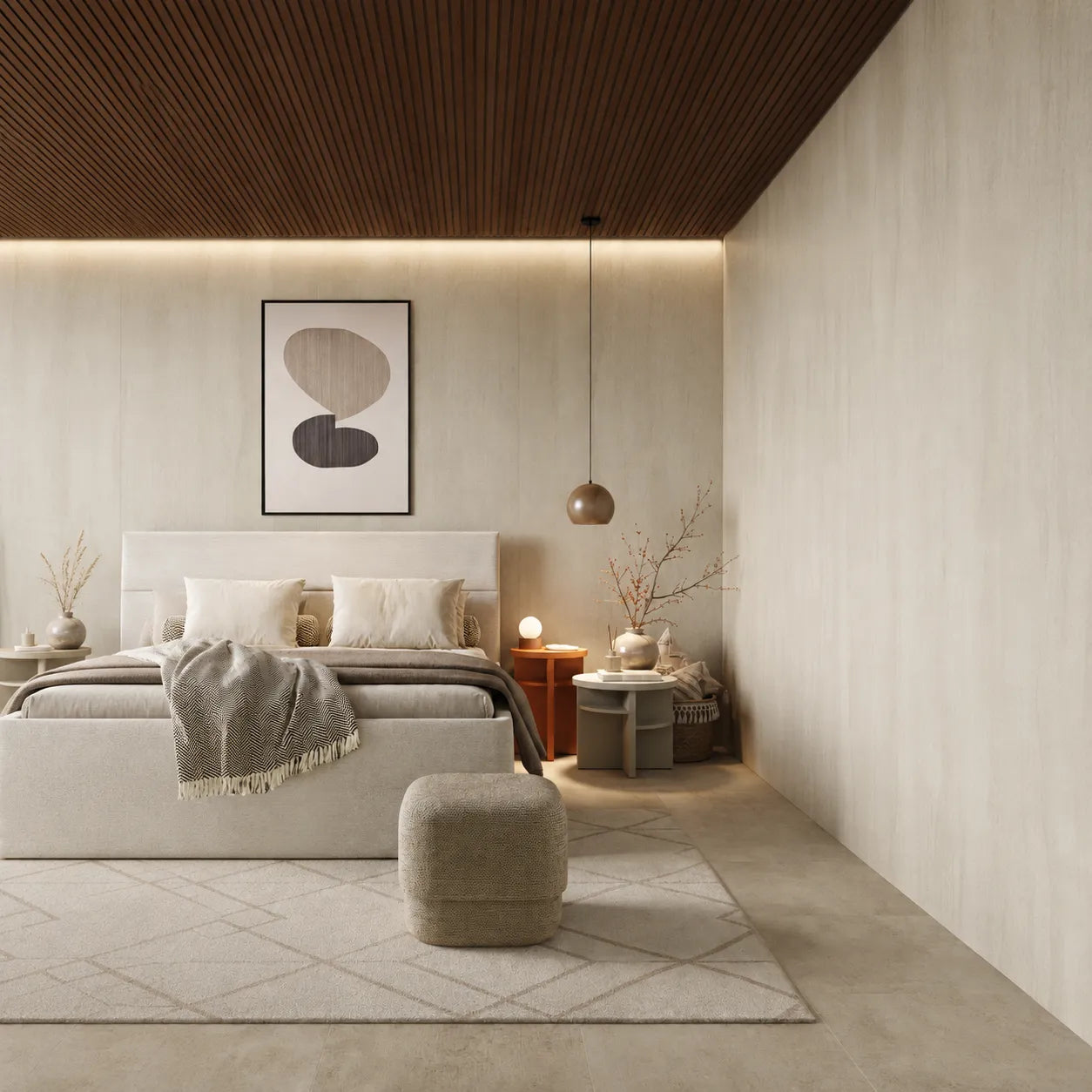Modern bedroom with Mineral Sand faux concrete wall panels, warm wood ceiling and neutral furnishings