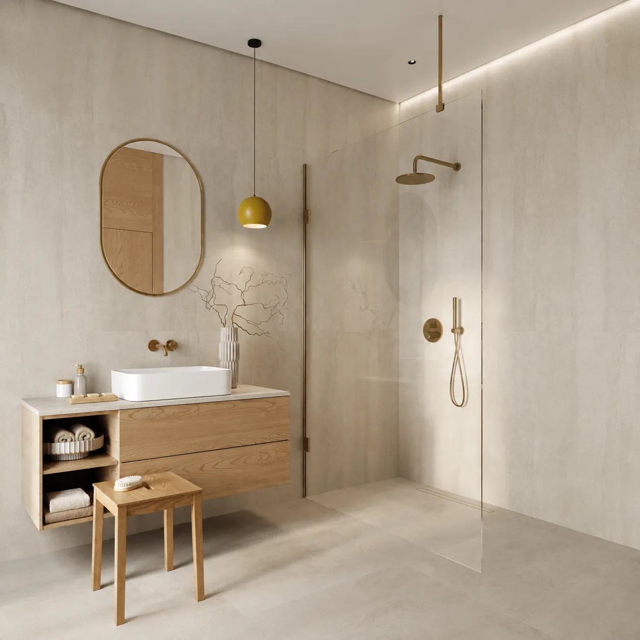 Modern bathroom with Mineral Sand faux concrete wall panels, oak vanity and glass shower enclosure
