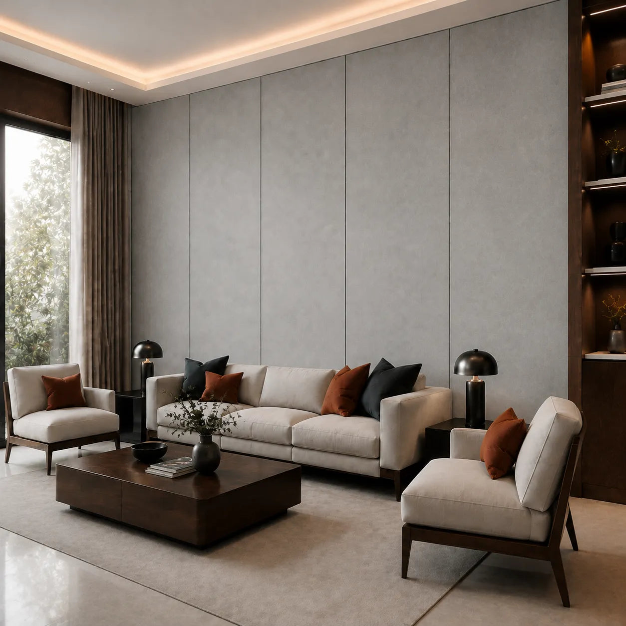 Angled view of a modern living room featuring Smoky Concrete decorative wall panels