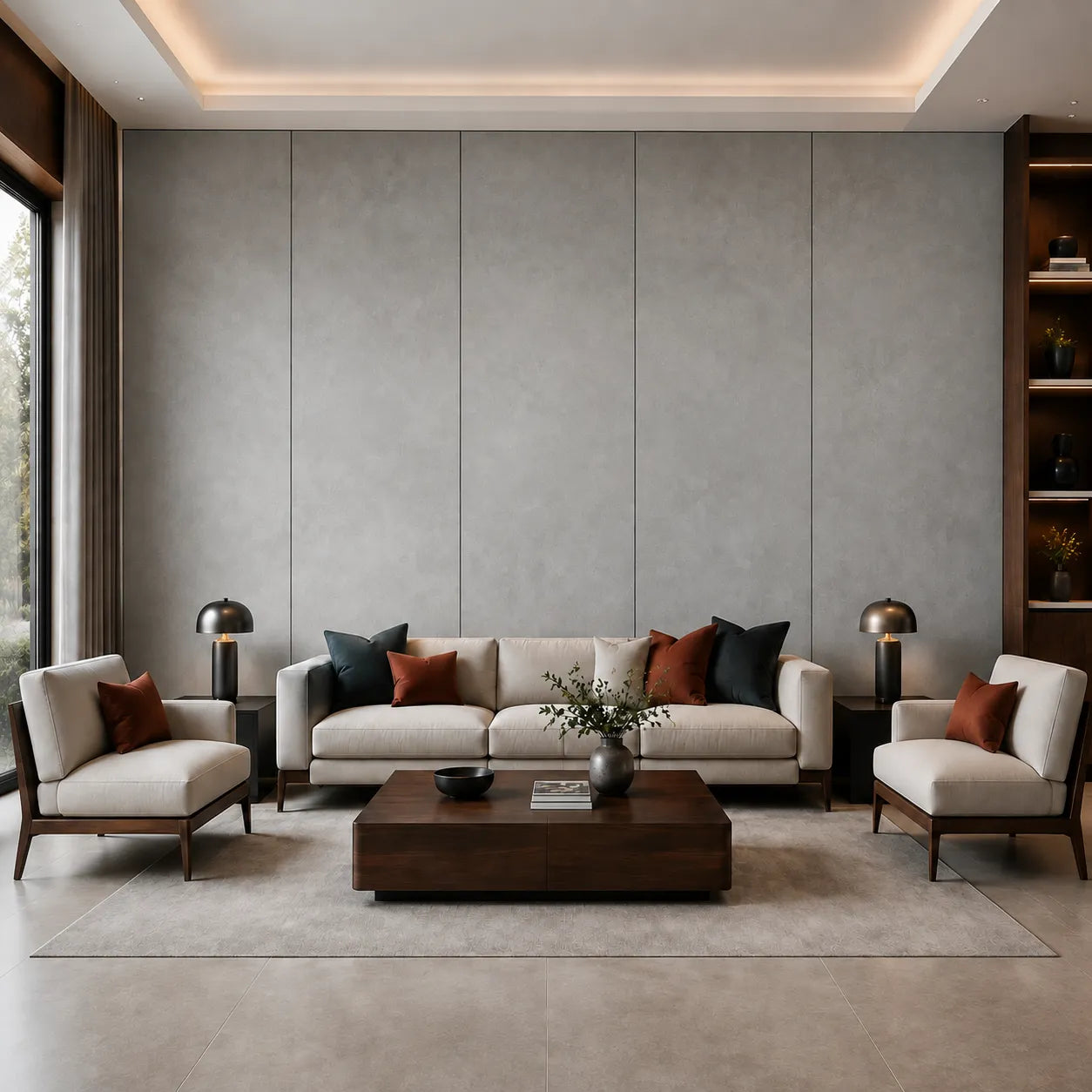 Modern living room with Smoky Concrete decorative wall panels behind an off-white sofa