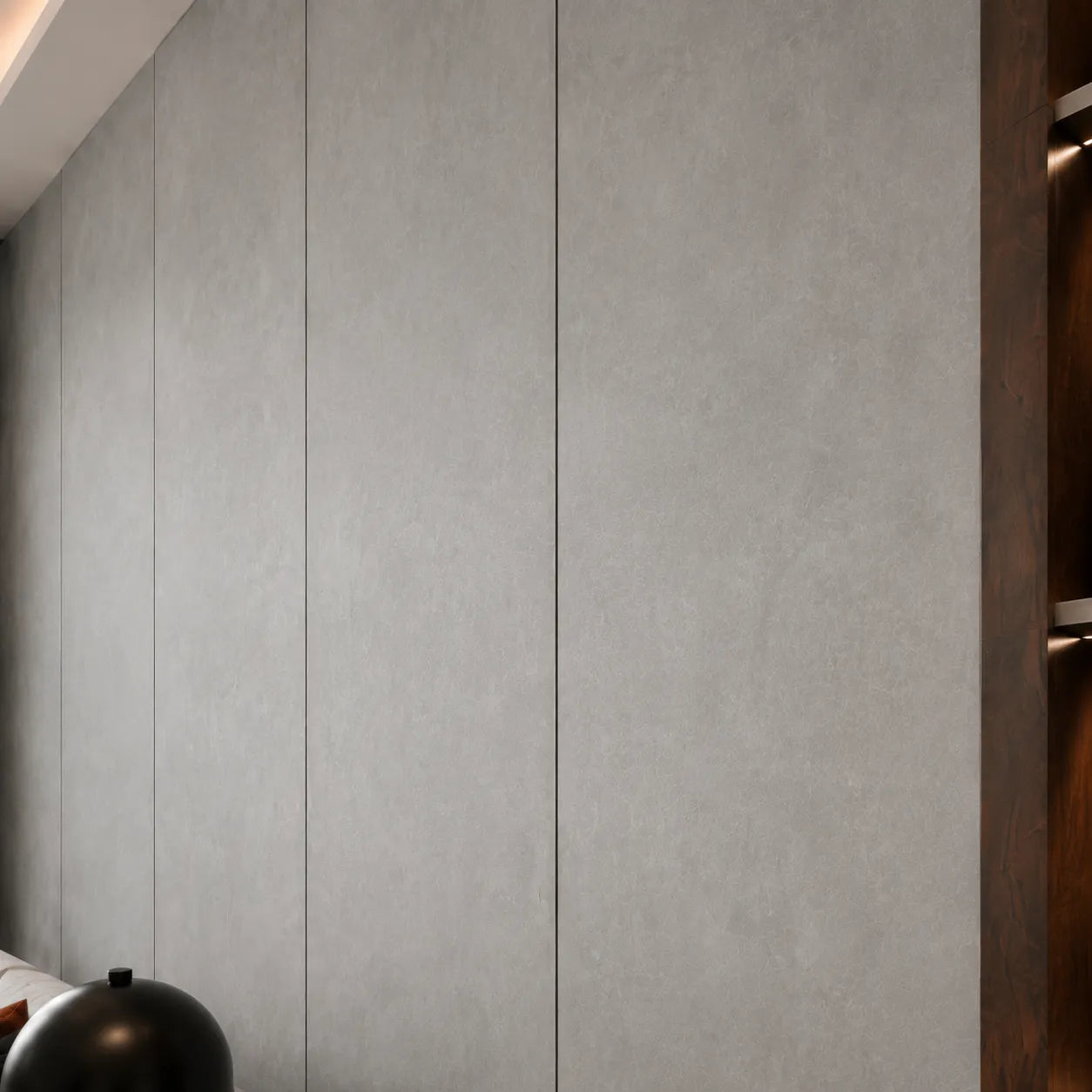 Close-up of Smoky Concrete wall panels showing their subtle texture and vertical joints