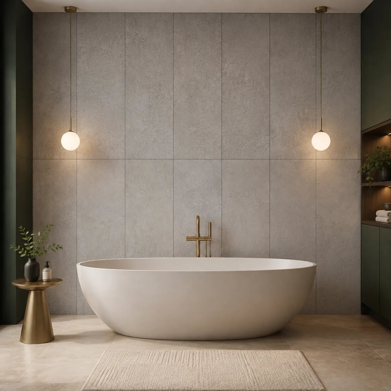 Front view of a freestanding bath against Smoky Concrete decorative wall panels