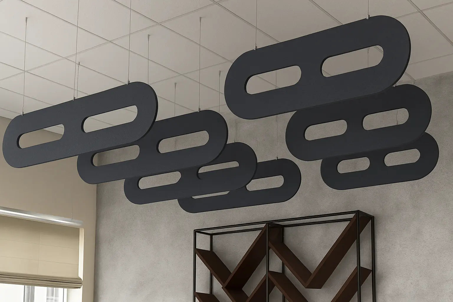 Felt Ceiling Acoustic Baffles - OVAL in modern interior DecorMania UK