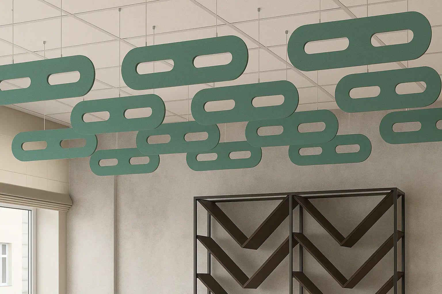 Felt Ceiling Acoustic Baffles - OVAL in modern interior DecorMania UK