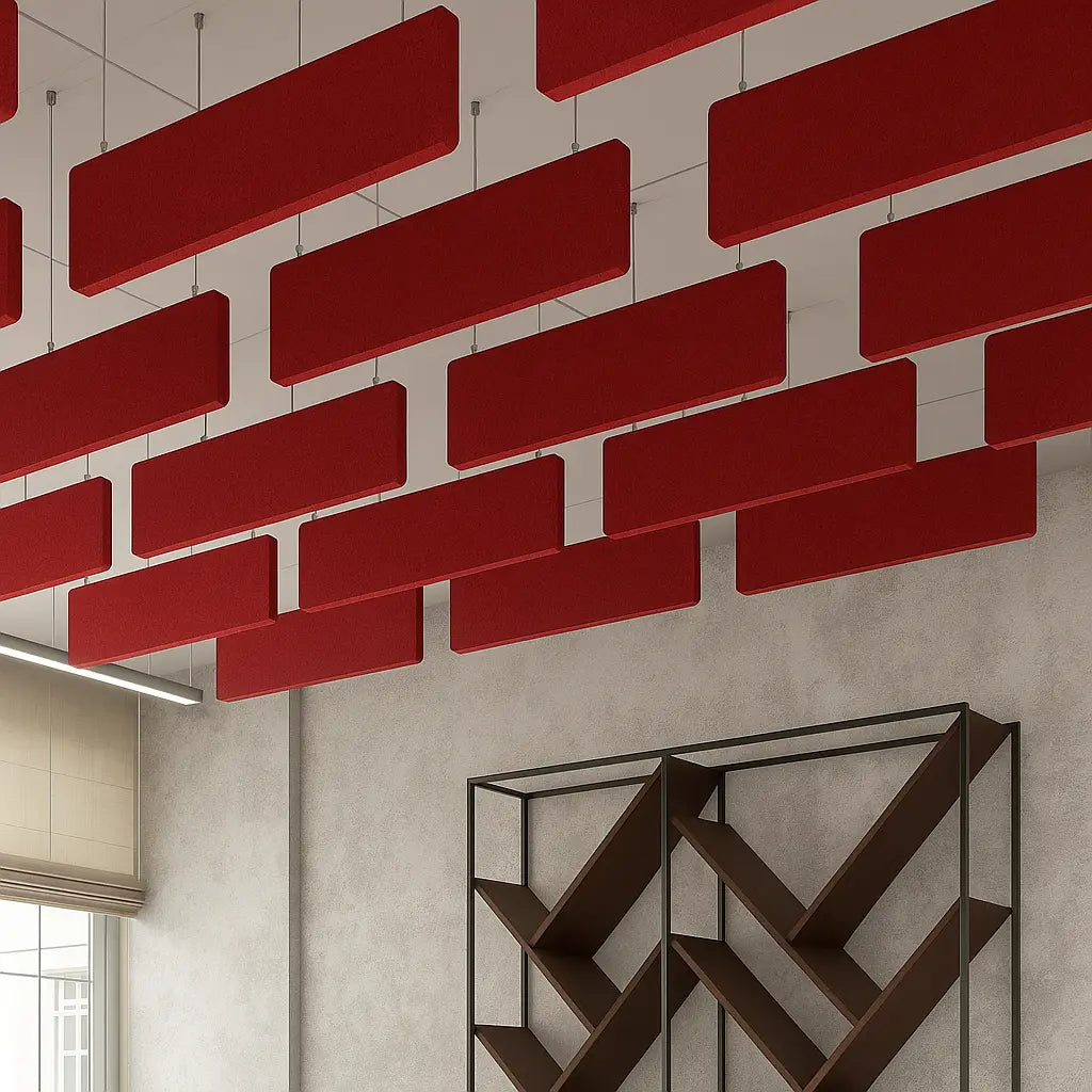 Felt Ceiling Acoustic Baffles - RECTANGLE ROUNDED red panels in office interior Decormania UK