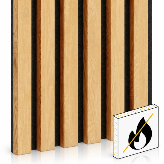 Oak finish MDF slats on black felt backing with a flame retardant symbol